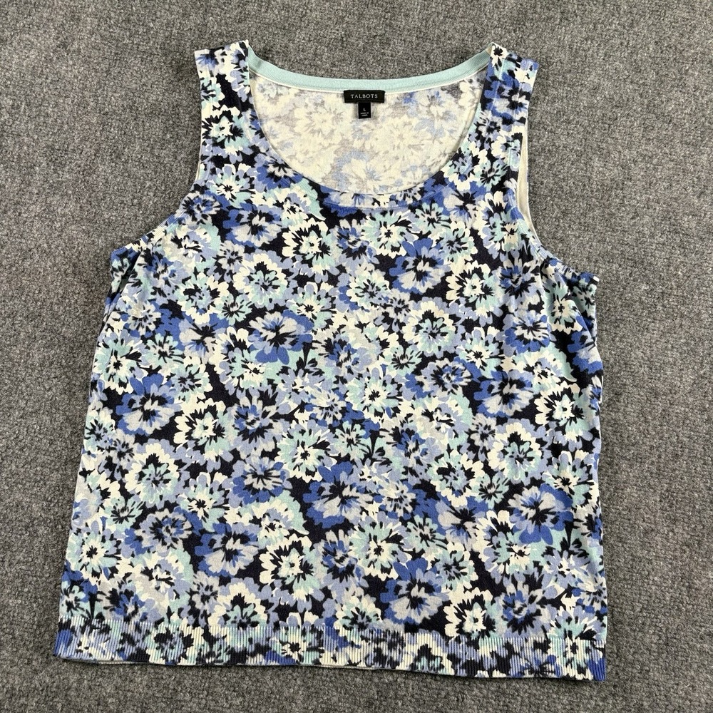 Talbots Tank Top Women's L Blue Floral Knit Shell Career Preppy Classic Coastal